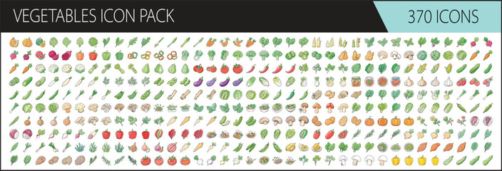 Vegetables icon pack with 370 colorful hand drawn illustrations - Extensive set of 370 hand drawn vegetable icons featuring carrots, peppers, onions, mushrooms, leafy greens, and more