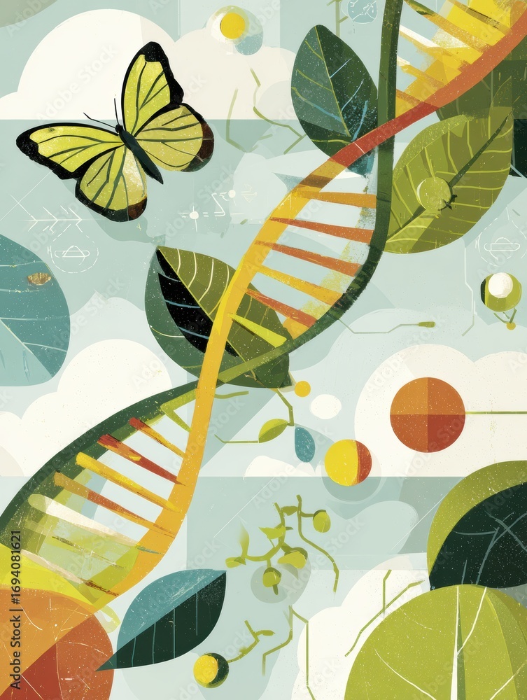 Poster artistic representation of dna strand with butterfly, featuring elements of nature and science in a 