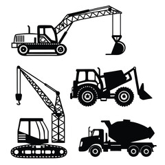 Heavy machinery collection black silhouettes construction vehicles
