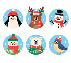 Six Winter Animals with Scarves and Hats, Snowy Blue Background, Illustration for Holiday Design