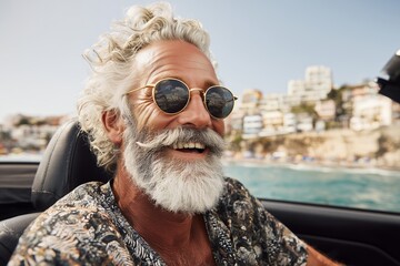 Smiling mature man with white beard driving convertible car along the coast road in sunny day, concept for travel adventure, summer vacation and retirement lifestyle