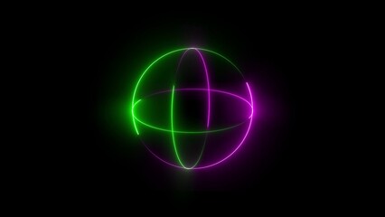 Abstract Sphere Formed by Intersecting Green and Magenta Neon Lines Keywords: sphere, globe, circle, abstract, geometric, neon, light, glowing, green, magenta, pink, purple