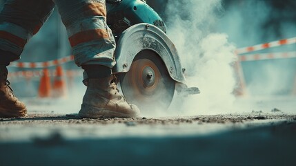 Close-up view of worker using a concrete saw.