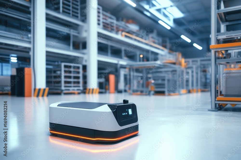 Poster automated robot moving smoothly in a modern warehouse environment during daylight hours