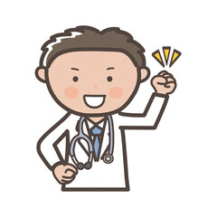 ガッツポーズでやる気満々の男性医師の上半身イラスト
