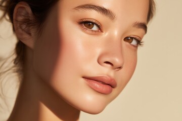 Fototapeta premium Close up portrait of a young woman with radiant, glowing skin and natural makeup, concept for skincare advertising, beauty product promotion and cosmetic packaging design