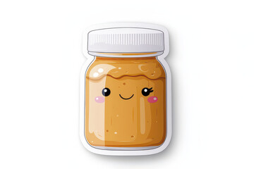 Cute sticker of smiling jar of peanut butter with glossy finish, perfect for adding fun touch to any surface