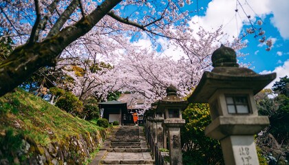 Fototapeta premium Ancient Japanese Shrine Under Blooming Cherry Blossoms on a Sunny Day