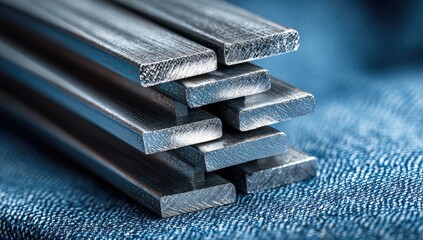 Metal bars stacked on denim