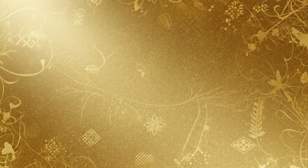 Golden textured background with intricate patterns of scrolling vines leaves floral designs and geometric shapes