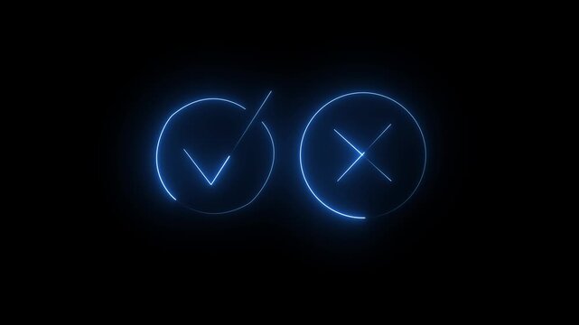 Minimal neon Check Mark and Cross Icon in Circle on Black Background. Tick or check mark and cross mark signs neon icon animation. right and wrong neon icons.