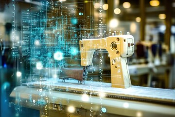 Sewing machine showcases modern technology integration in a bright workshop setting