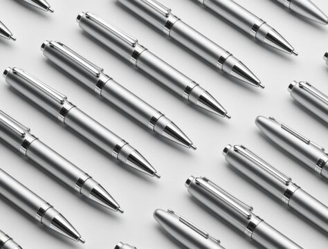 Multiple silver ballpoint pens arranged on white background