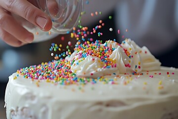 A close-up of a hand pouring rainbow sprinkles onto a frosted cake, with some sprinkles falling gracefully 