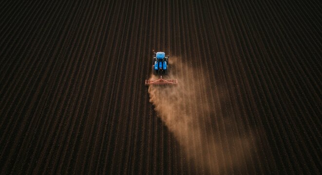 An aerial shot of a tractor plowing a field
