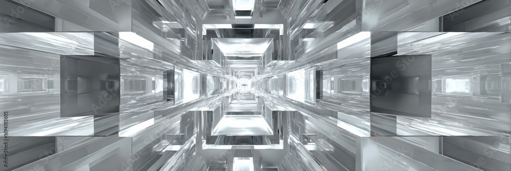 Poster unique abstract structure depicting futuristic transparent cubes in a mirrored environment