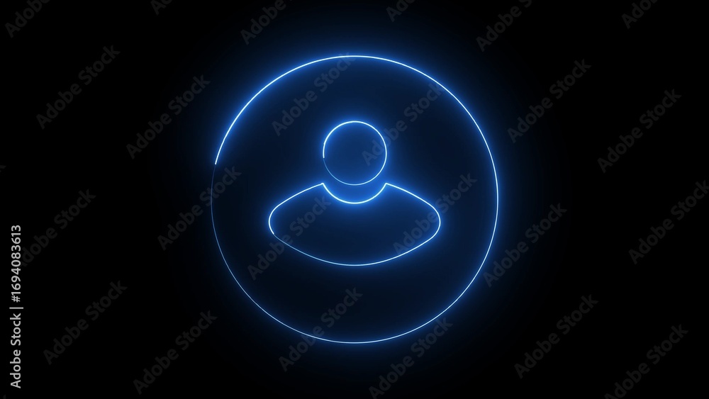 Poster blue neon outline of a person icon within a circle on a black background user profile