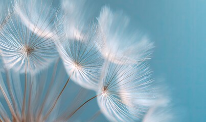 Naklejka premium Close-up of dandelion seed heads against a soft blue background