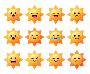 Fototapeta premium Yellow Sun Emojis with Transparent Background, Glossy Cartoon Illustrations for Digital Media