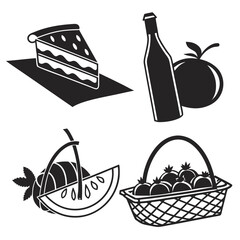 Picnic food and drink icons cake fruit