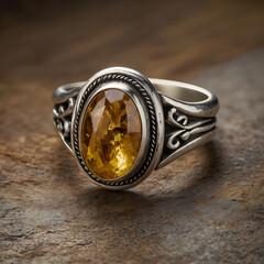 An exquisite close-up captures a lustrous golden gemstone ring on a stone surface. The ring showcases meticulous craftsmanship, with a dazzling oval-cut gemstone set within an intricate.