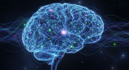 Illuminated brain structure formed by glowing interconnected lines emitting light trails across a dark star-filled background