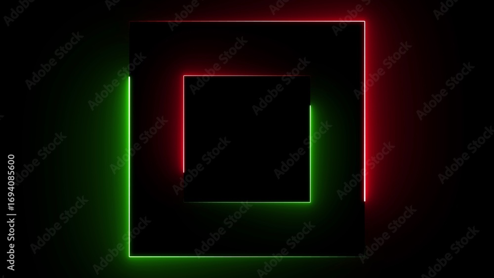 Poster double neon square frames red and green against black background with copy space abstract border