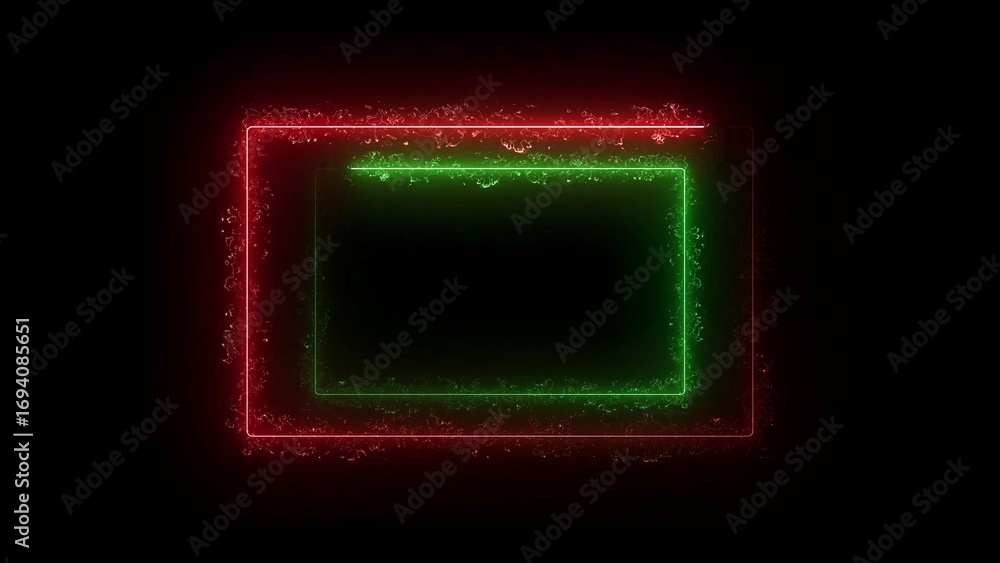 Poster dual glowing rectangular frames red and green with textured edges on black borders rectangles