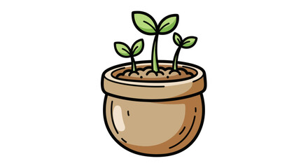 Cartoon Illustration of a Small Potted Plant with Seedlings.