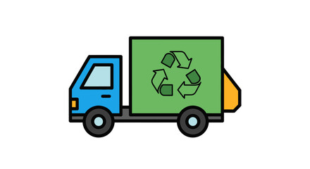 Blue and green recycling truck with prominent recycle symbol.
