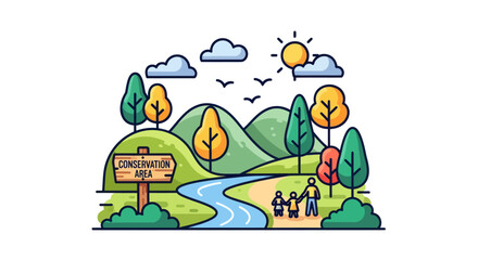 Colorful Cartoon Illustration of a Scenic Conservation Area.