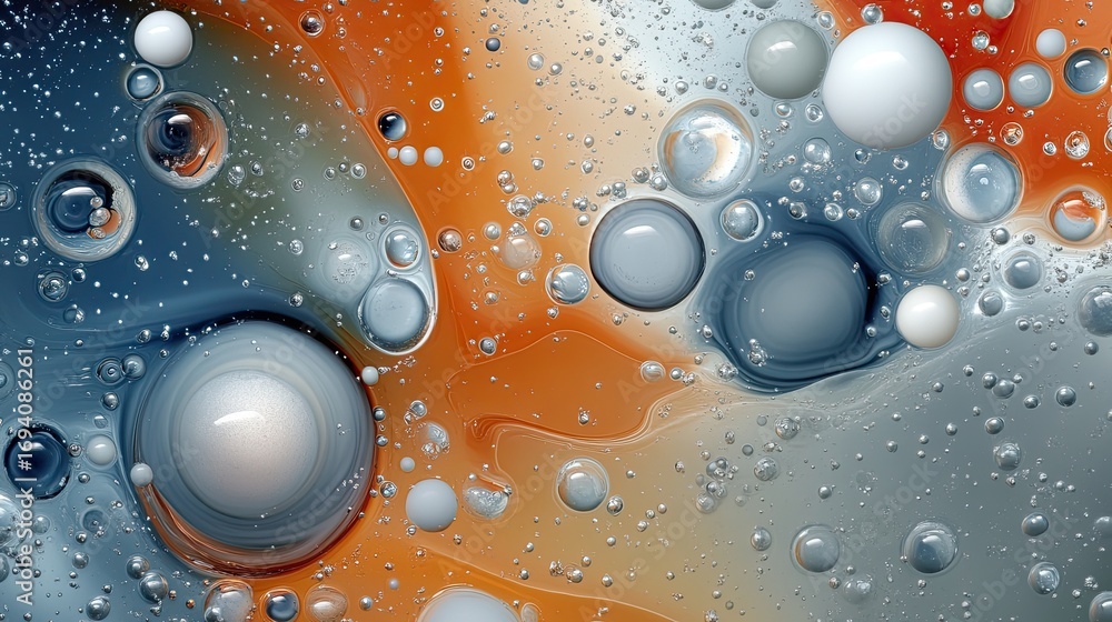 Poster dynamic swirls of paint blend colors and bubbles, forming patterns reminiscent of waves and landscap