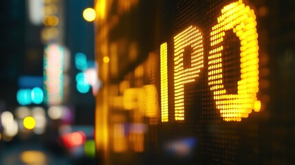 Close-up of golden stock market ticker displaying IPO with financial charts, symbolizing investment opportunities and capital market growth. Financial business and trading concept.
