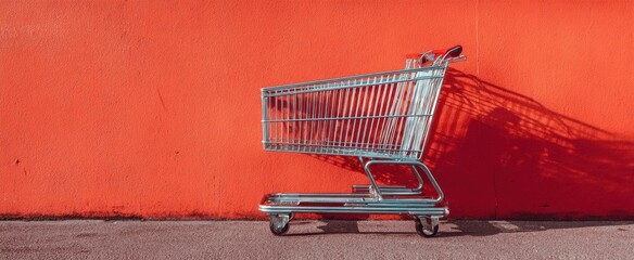The Shopping Cart Against a Vibrant Orange Wall Casting a Strong Geometric Shadow