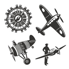 Vintage aircraft and engine icons airplane propeller