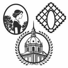 Vintage decorative frames and building silhouette silhouettes