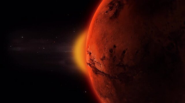 Mars with sun and stars in its solar sunset in 4k 