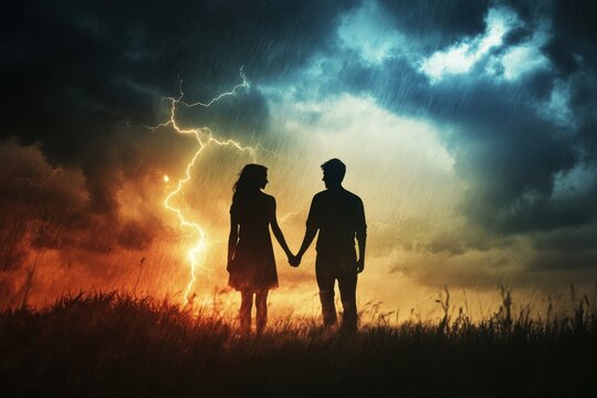 Couple stands hand in hand against dramatic stormy sky with lightning - Powered by Adobe