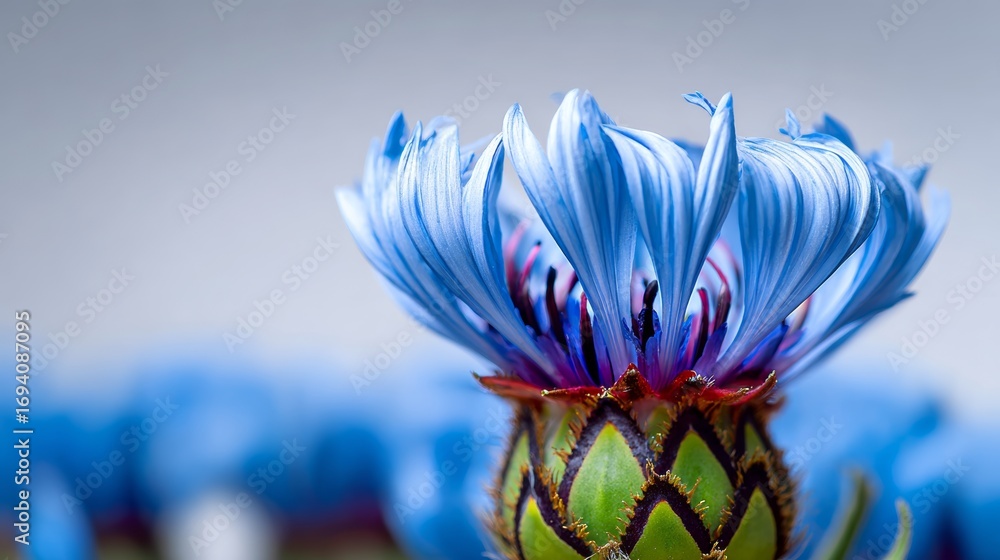 Poster close-up macro view of bachelor’s button flower showcasing vivid blue petals against a clean white b