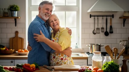 Loving senior couple embracing in kitchen, healthy vegetables on counter - Powered by Adobe