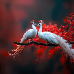 Two exquisite white peacocks, adorned with vibrant red crests, perch gracefully on a branch, their plumage shimmering against a backdrop of deep reds and purples, creating a captivating display of...