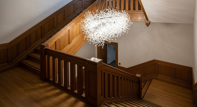 Elegant Wood Staircase with Modern Chandelier Design