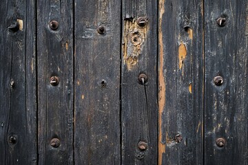 Fototapeta premium Close-up of dark weathered wooden planks with metal rivets or nails.
