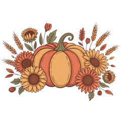 Autumn still life with pumpkin and sunflowers. Fall cartoon illustration