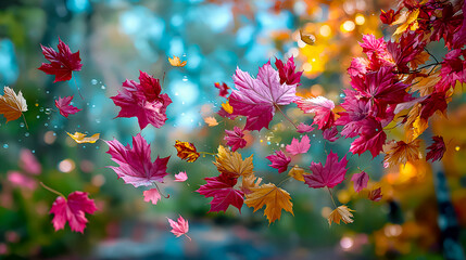 Colorful autumn maple leaves falling in the air with sunlight and raindrops on background of blurred forest. Fall season, autumn weather, natural beauty and change of foliage in AI content