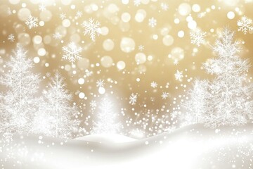 Snowy gold background holiday winter trees.
