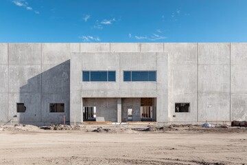 Exterior of a light gray concrete warehouse under construction