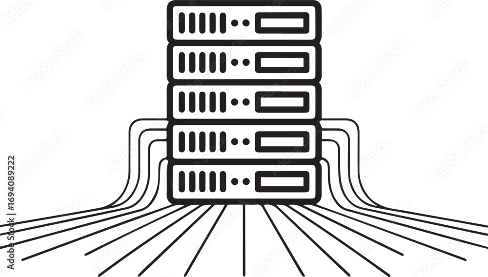 Poster network server rack icon with multiple connections for data center and cloud hosting