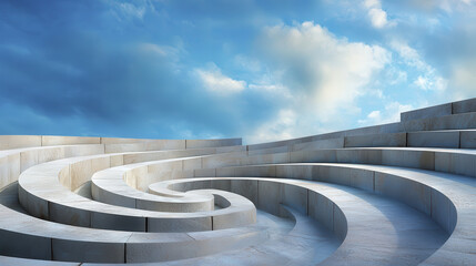 Serene spiral staircase made of stone, leading towards bright blue sky with fluffy clouds, evokes sense of tranquility