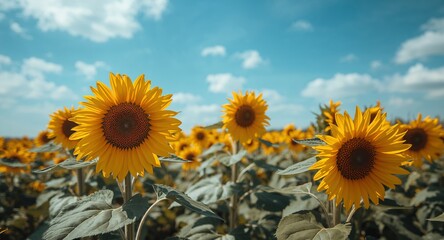 Golden Blooms Under Azure Skies, A Field of Helianthus Annuus in Summer Day.